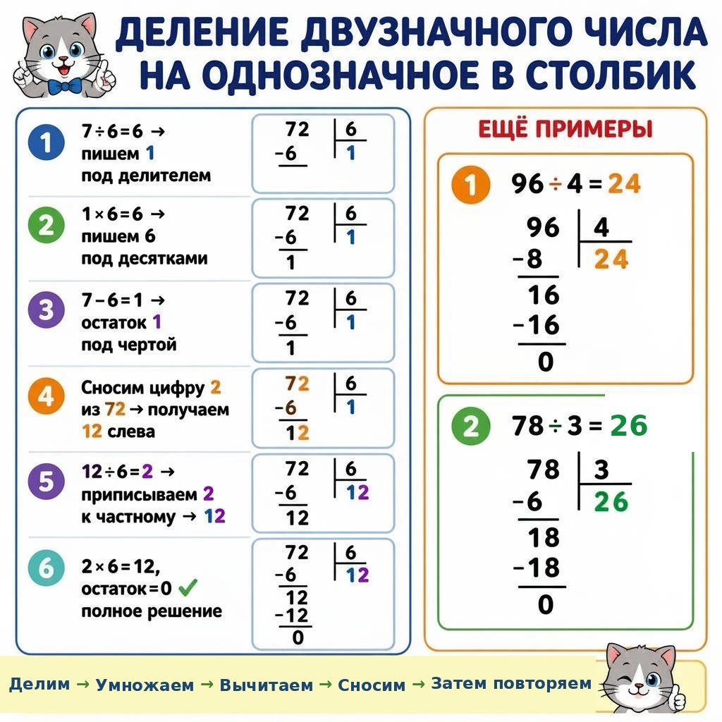 Памятка: деление двузначного на однозначное в столбик — примеры 72÷6, 96÷4, 84÷7 и 56÷4 для 3 класса