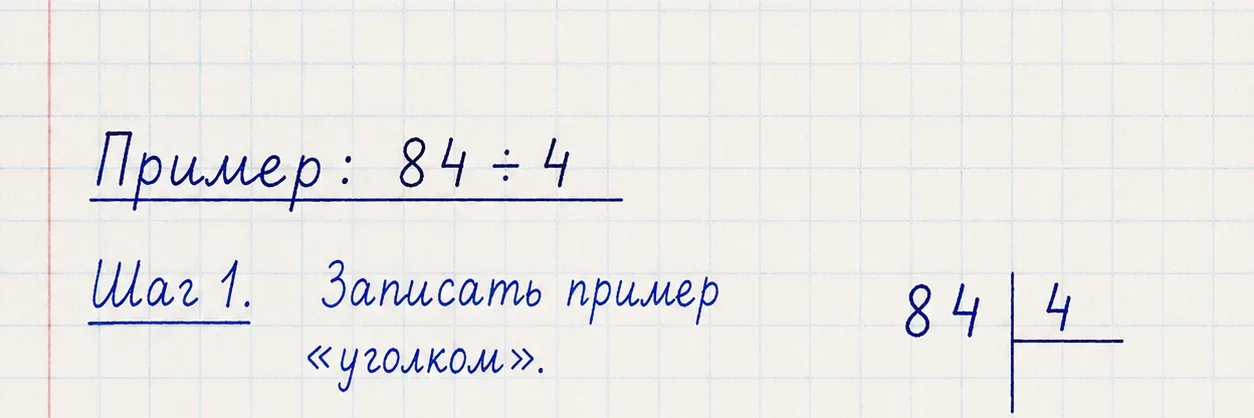 Шаг 1: запись примера 84÷4 уголком