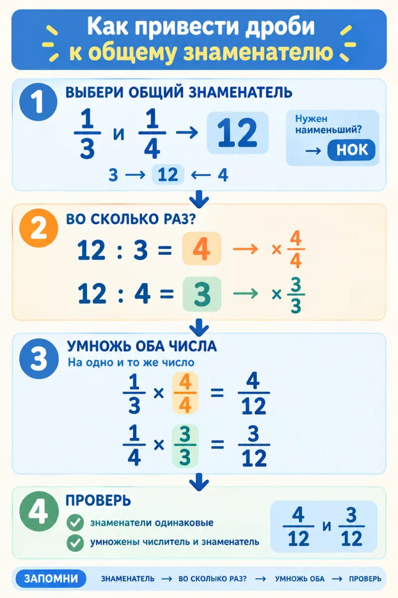 Памятка: как привести дроби к общему знаменателю