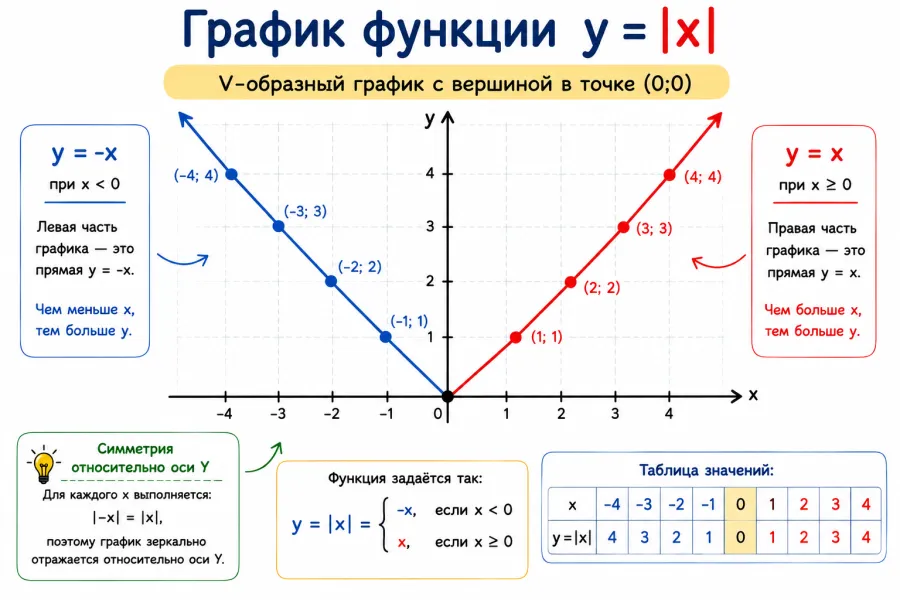 График функции y = |x|: галочка с вершиной в начале координат
