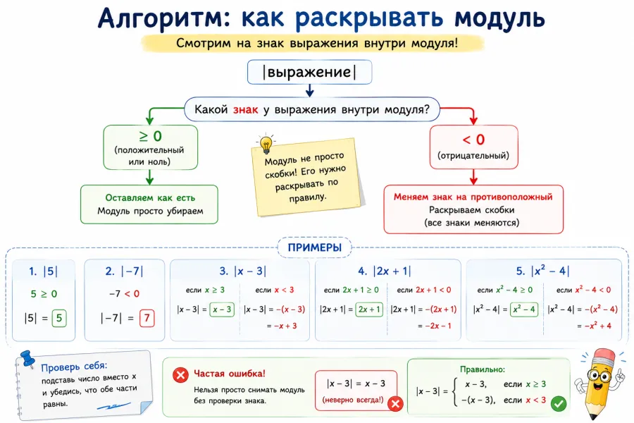 Как раскрывать модуль: для положительного числа оставляем как есть, для отрицательного берём противоположное