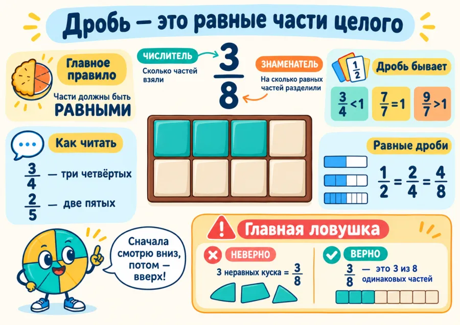 Памятка: дробь — это равные части целого
