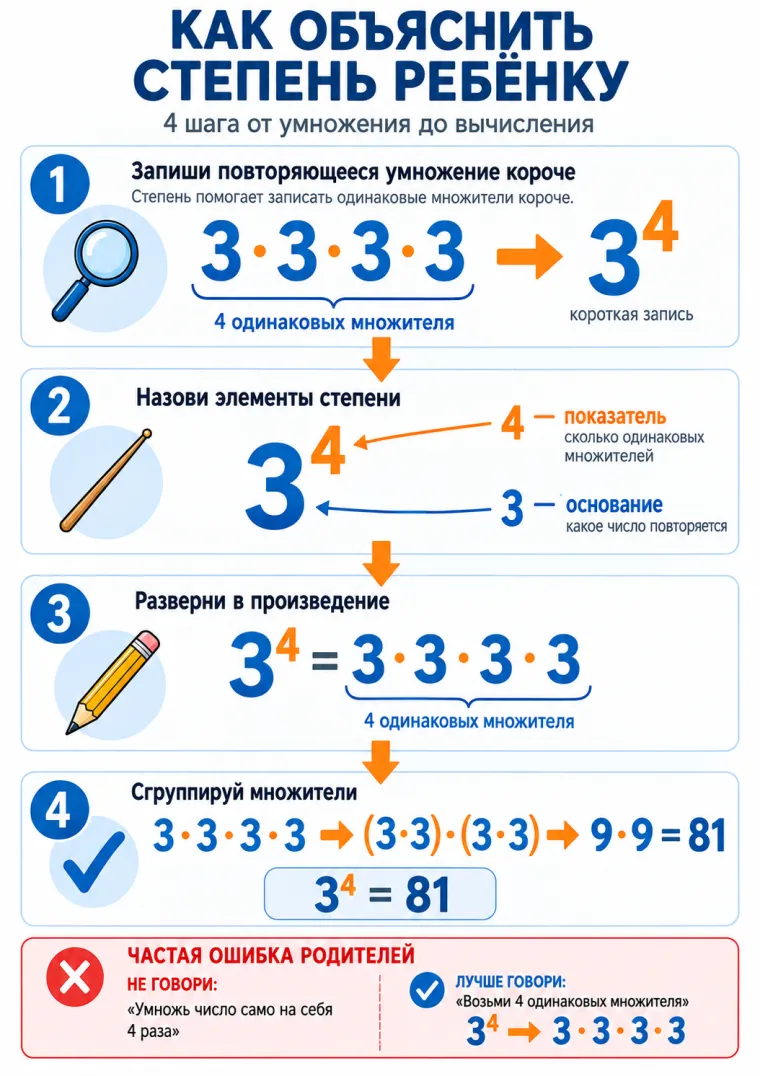 Как объяснить степень ребёнку: алгоритм развёртывания и умножения на примере 3⁴