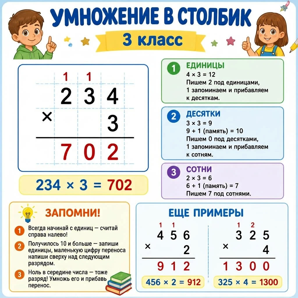 Умножение трёхзначного числа на однозначное в 3 классе: памятка и алгоритм в столбик
