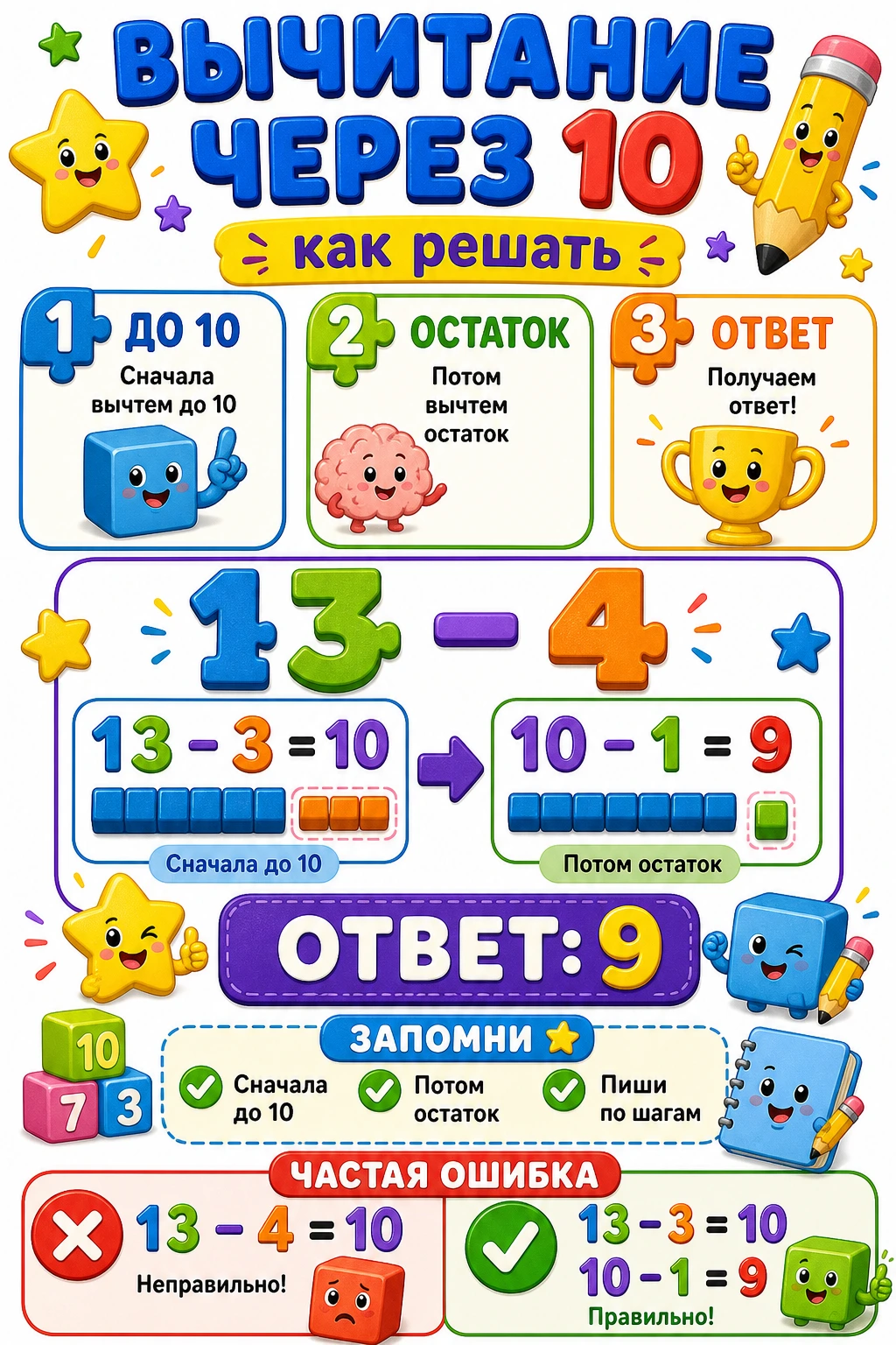 Памятка по вычитанию с переходом через десяток для 1 класса